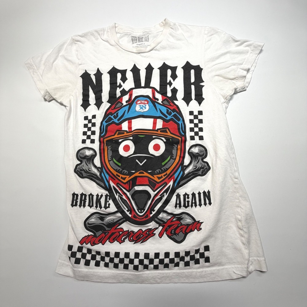 Never Broke Again Motocross Graphic Tee White‎ Skull Racing Small Young Boy